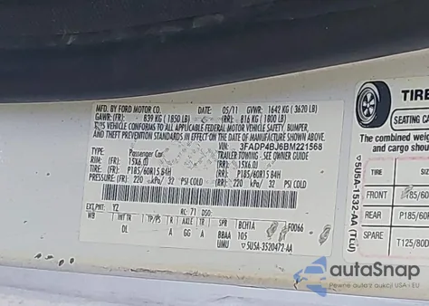 2011 Ford Fiesta Se z USA, uszkodzony, nr VIN 3FADP4BJ6BM221568